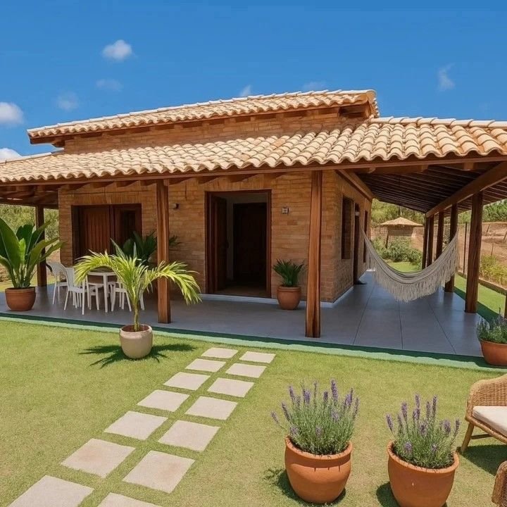 Casa de chácara com varanda, jardim e rede