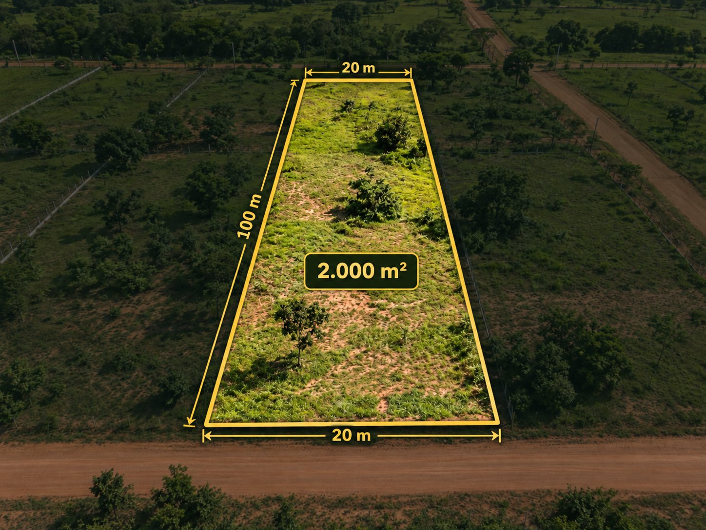 Vista aérea de lote de 20 por 100 metros com área demarcada de 2.000 m²