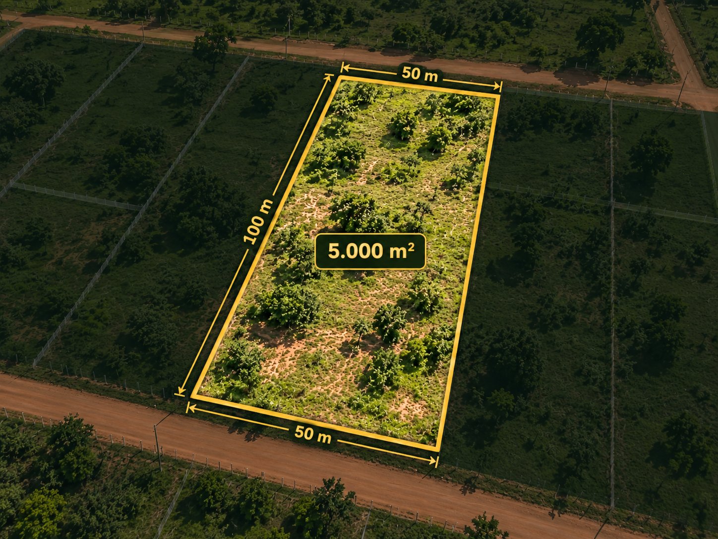 Vista aérea de lote de 50 por 100 metros com área demarcada de 5.000 m²